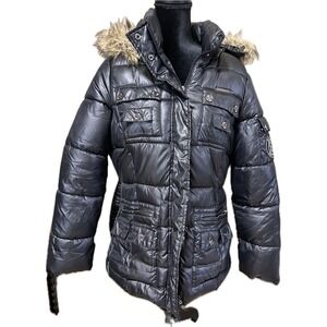 Rocawear Classic Womens L Black Puffer Jacket Faux Fur Hood Y2K Logo Rhinestone